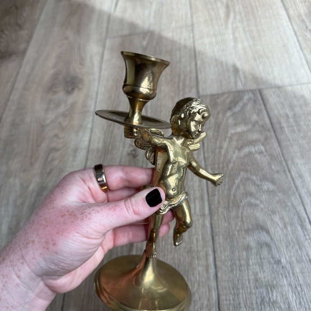 Vintage brass angel cherub candle stick holder child decor ethereal gold - Picture 3 of 7